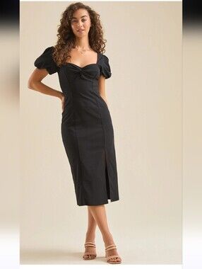 Black Alter'd State Puff-Sleeve Midi Dress with Front Slit